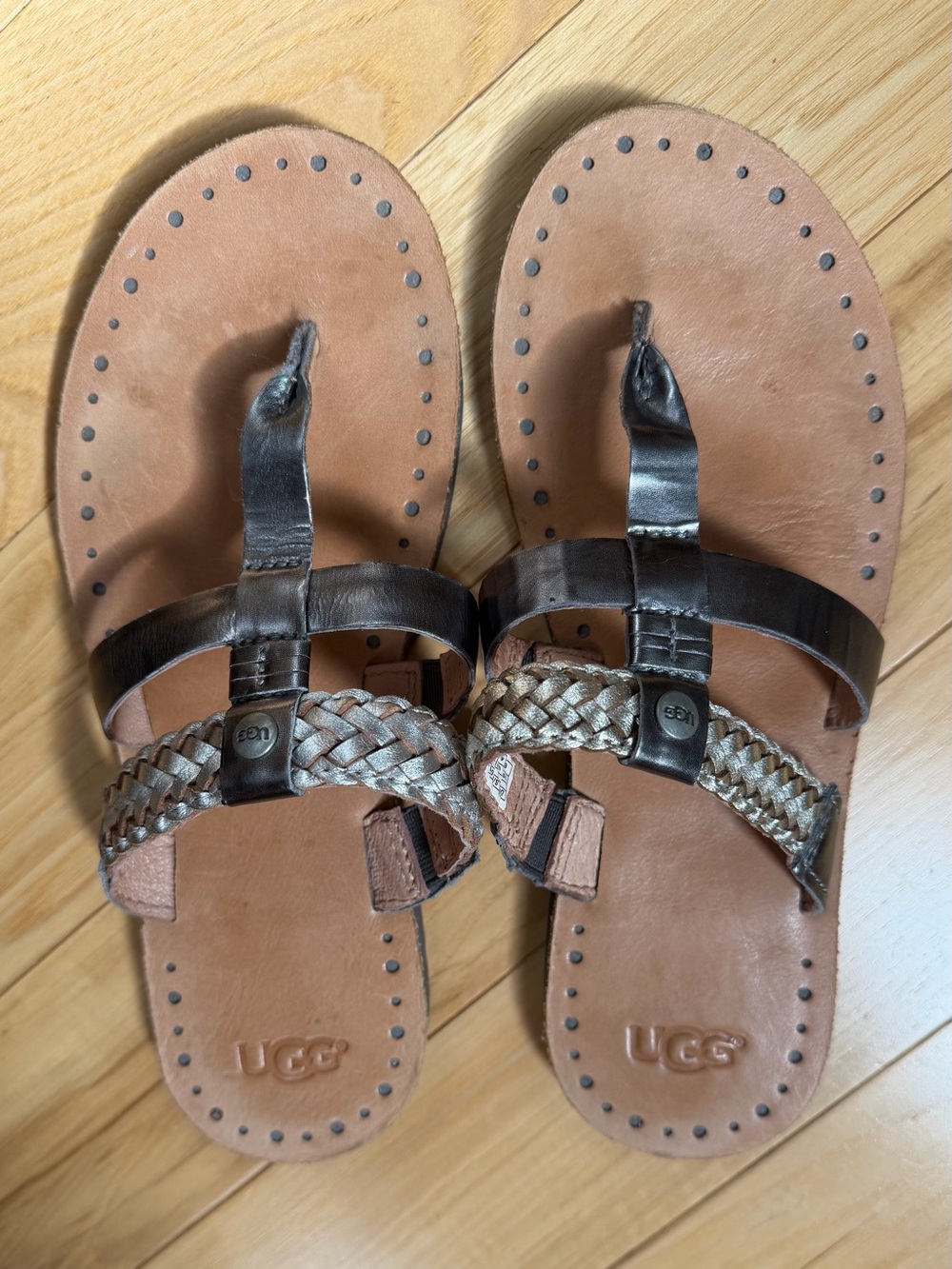 UGG Women's Brown and Metallic Braided Leather Sandals